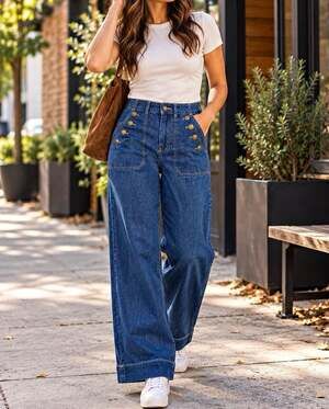 Nautica Jeans Womens 4 High Rise Wide Leg Sailor Blue Denim Gold Button Cotton